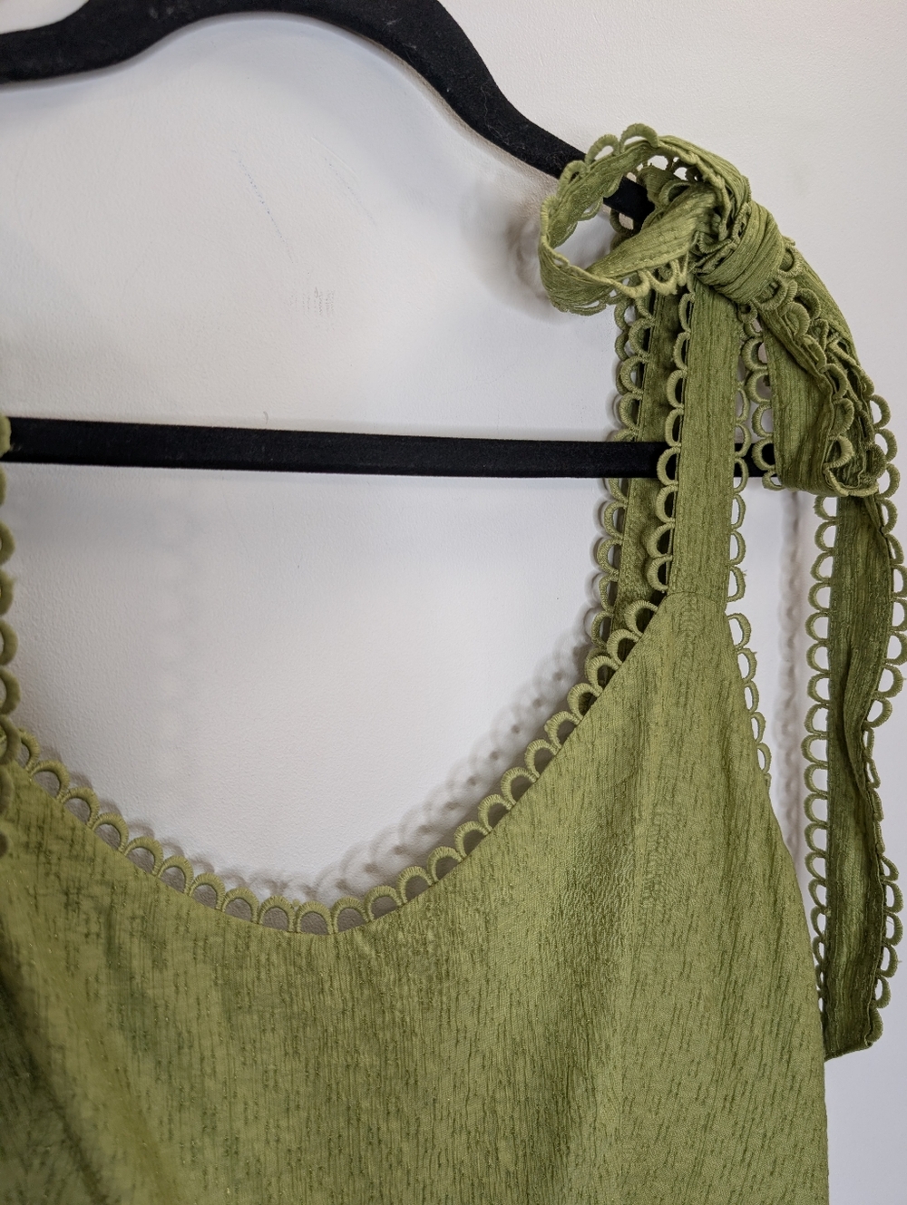 MINE Olive Green Tie Shoulder Boho Midi Dress | Textured Flowy L - Picture 3 of 7